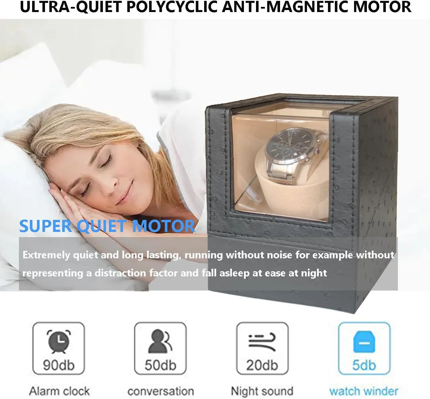 Single Watch Winder for Automatic Watches, Super Quiet, in Wood Shell and Black Leather/Carbon Fiber Leather, Japanese Motor