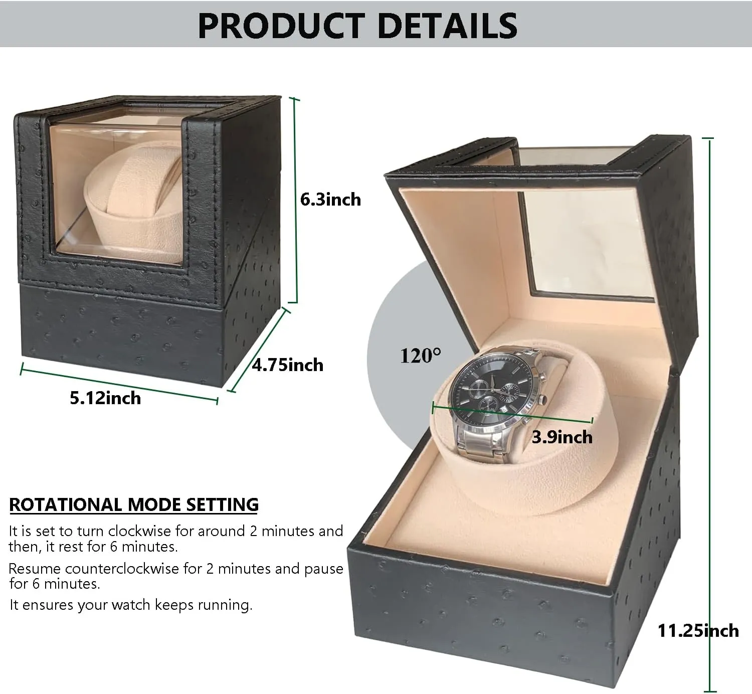 Single Watch Winder for Automatic Watches, Super Quiet, in Wood Shell and Black Leather/Carbon Fiber Leather, Japanese Motor