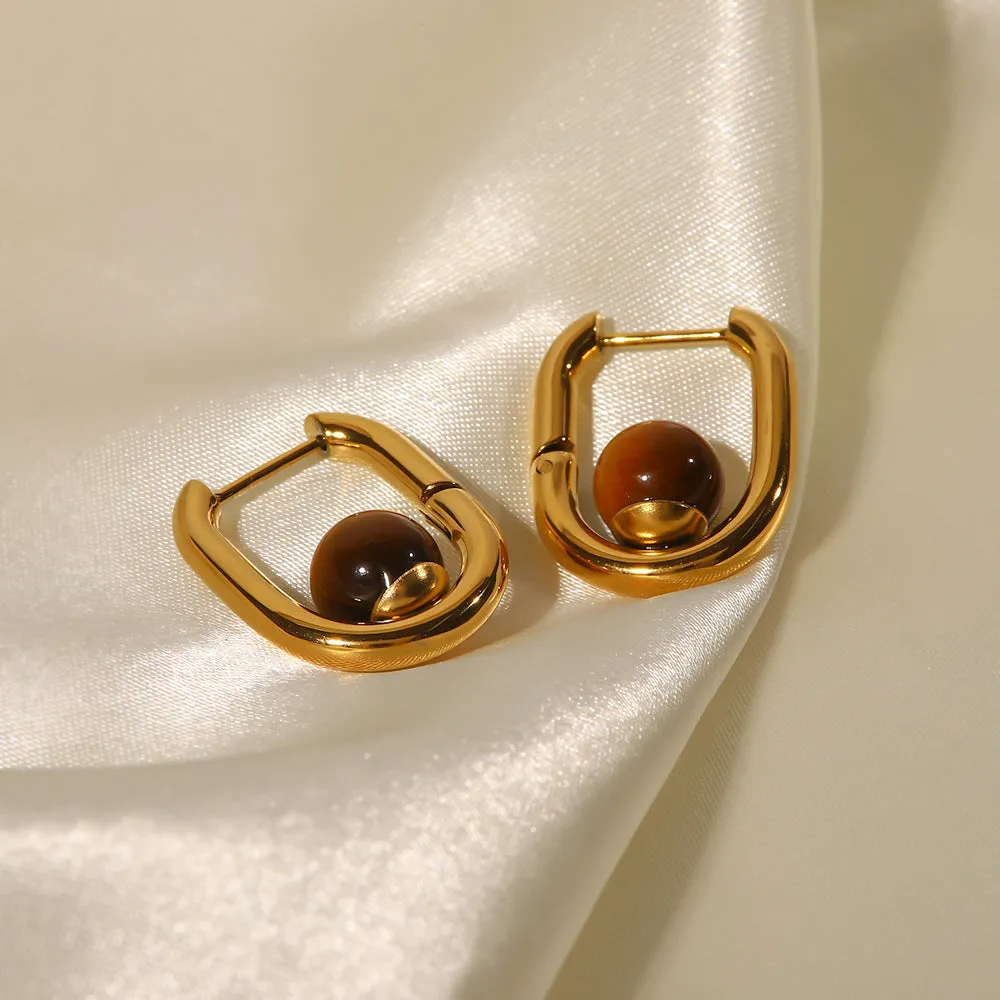 SISSLIA Retro Geometric Simple Design Sense Inlaid with Natural Green Agate Temperament All-matching Earrings