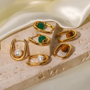 SISSLIA Retro Geometric Simple Design Sense Inlaid with Natural Green Agate Temperament All-matching Earrings