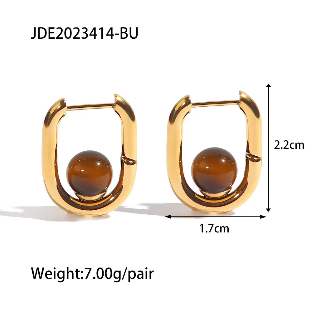 SISSLIA Retro Geometric Simple Design Sense Inlaid with Natural Green Agate Temperament All-matching Earrings