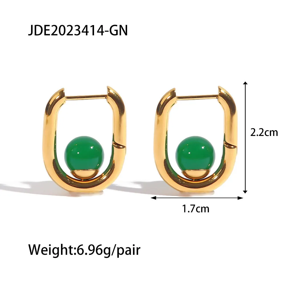 SISSLIA Retro Geometric Simple Design Sense Inlaid with Natural Green Agate Temperament All-matching Earrings