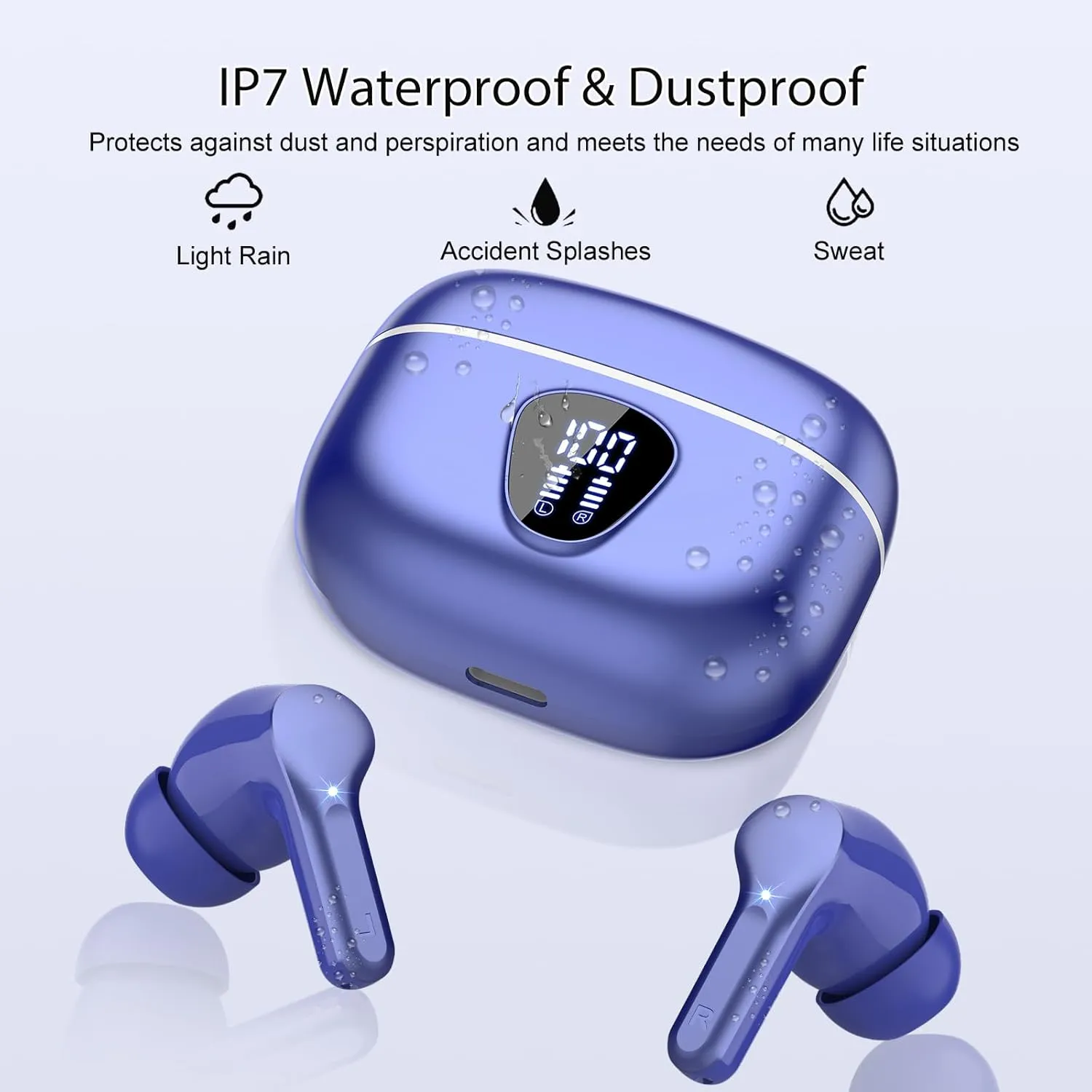 Wireless Earbuds, Bluetooth 5.4 Headphones HiFi Stereo, Bluetooth Earbuds with ENC Noise Cancelling Mic, IP7 Waterproof in Ear Earphones, 48H, LED Display Ear buds for Pad Workout Sports, Blue