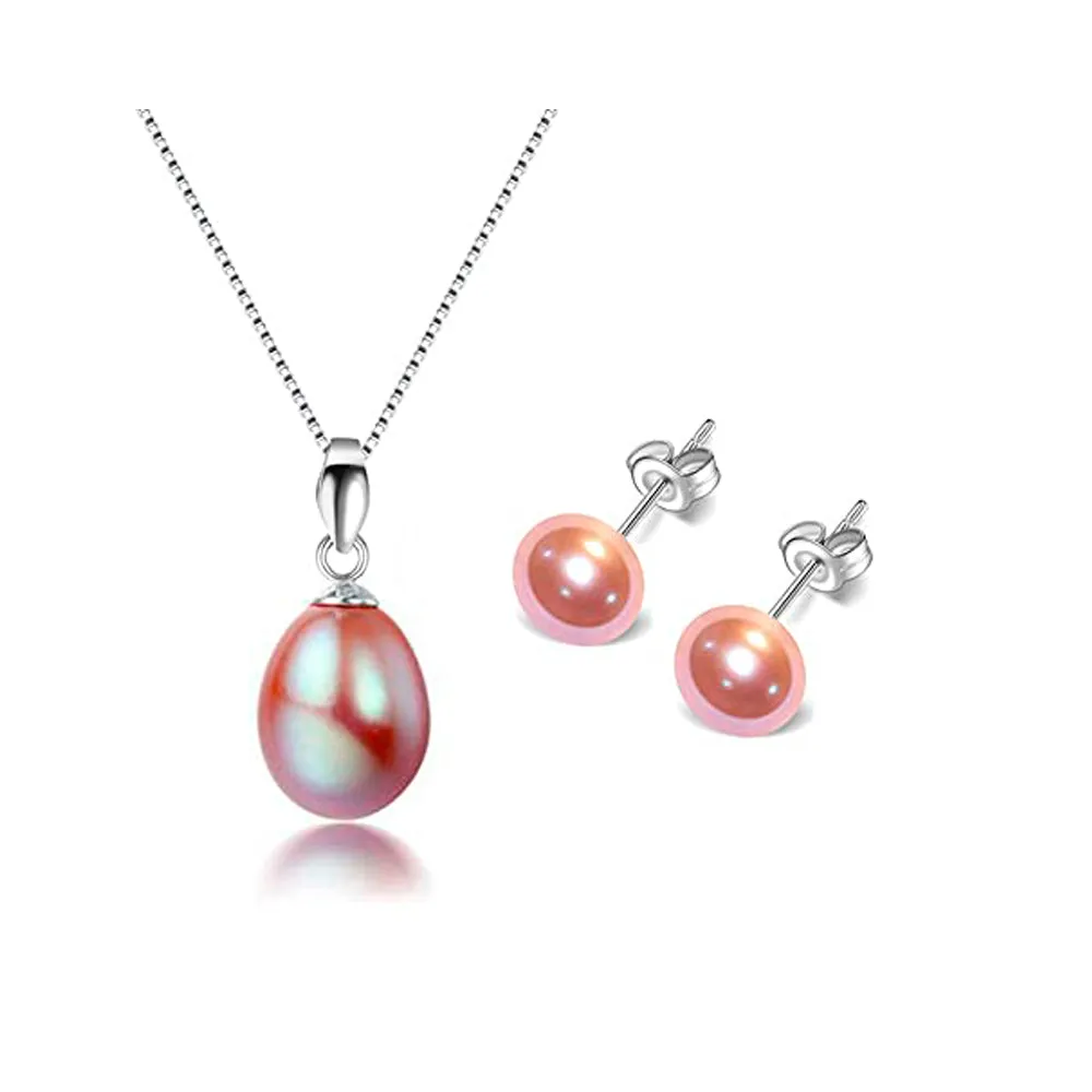 Women's Pearl Pendant necklace And Earrings set | 8-9mm Freshwater Pearl Necklace Stud Earring Jewellery Set For Women and Girls