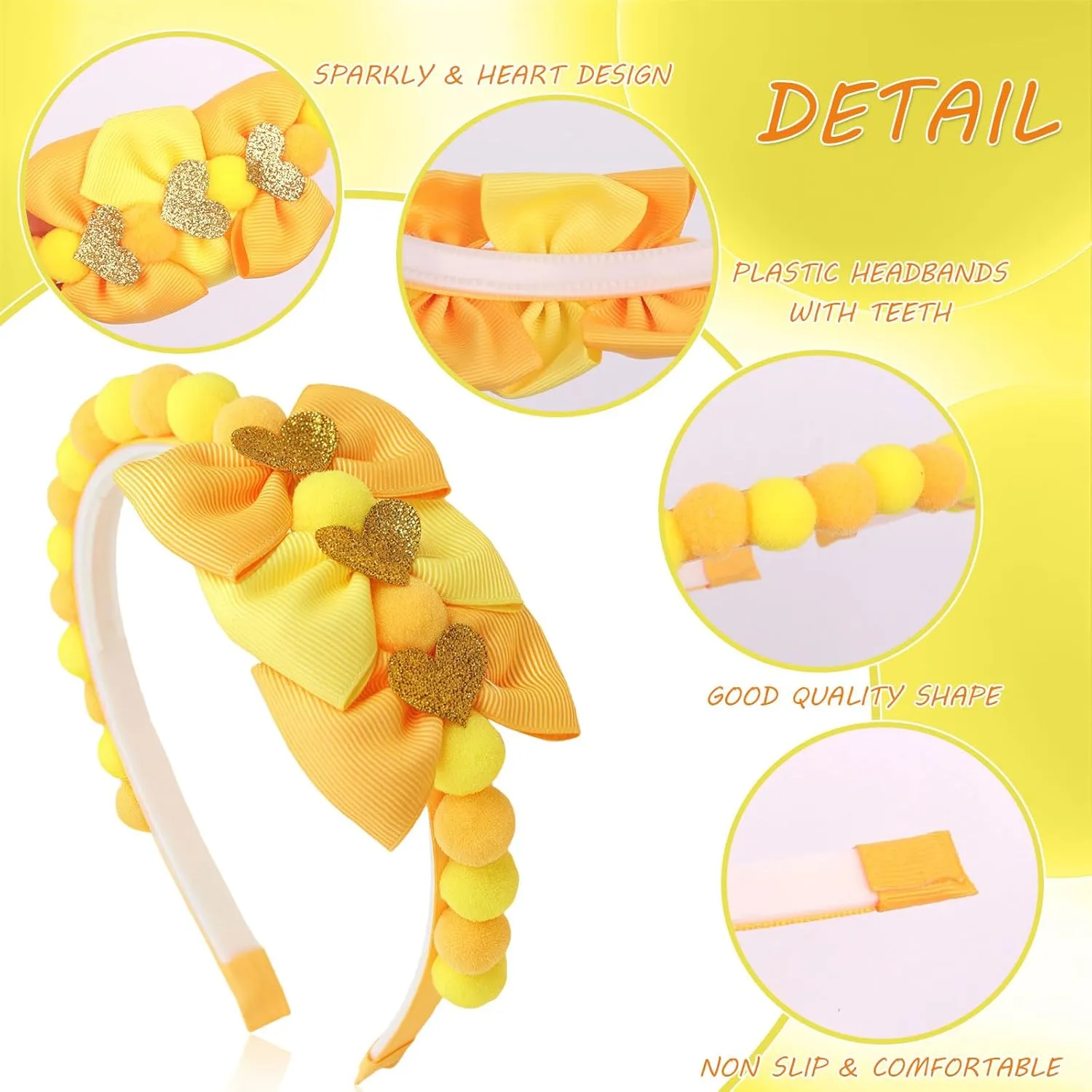 Yellow Bow Headband Spring Summer Hair Accessories for Girls Women, Cute Bows Glitter Hearts Hair Band Non Slip Headbands Summer Outfit Party Supplies Decoration