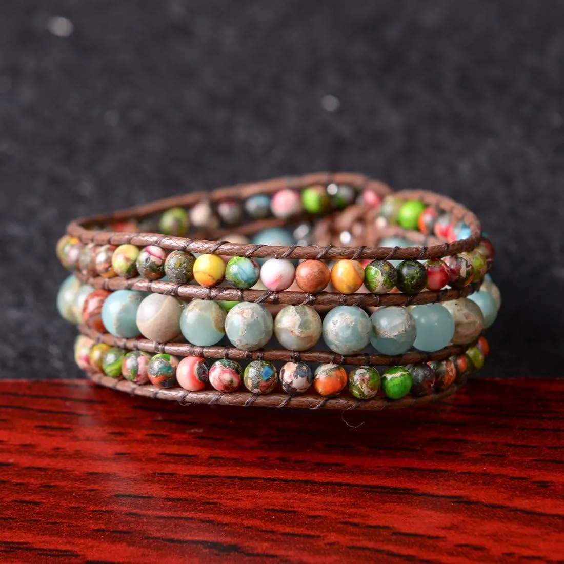 YGLINE Boho Handmade Natural Stone Bead 3 Row Wide Wrap Wrist Statment Bracelet Jewelry Collection