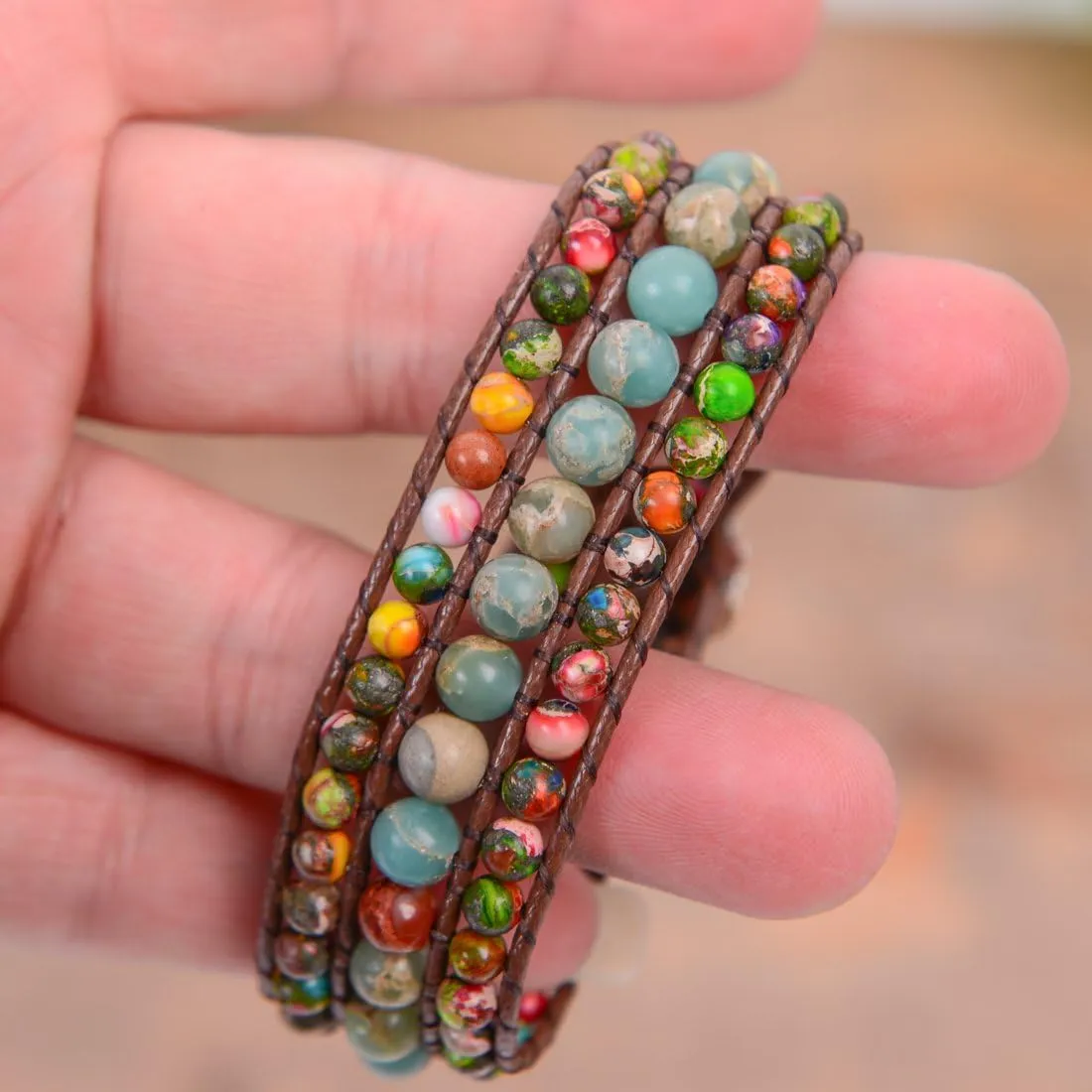 YGLINE Boho Handmade Natural Stone Bead 3 Row Wide Wrap Wrist Statment Bracelet Jewelry Collection