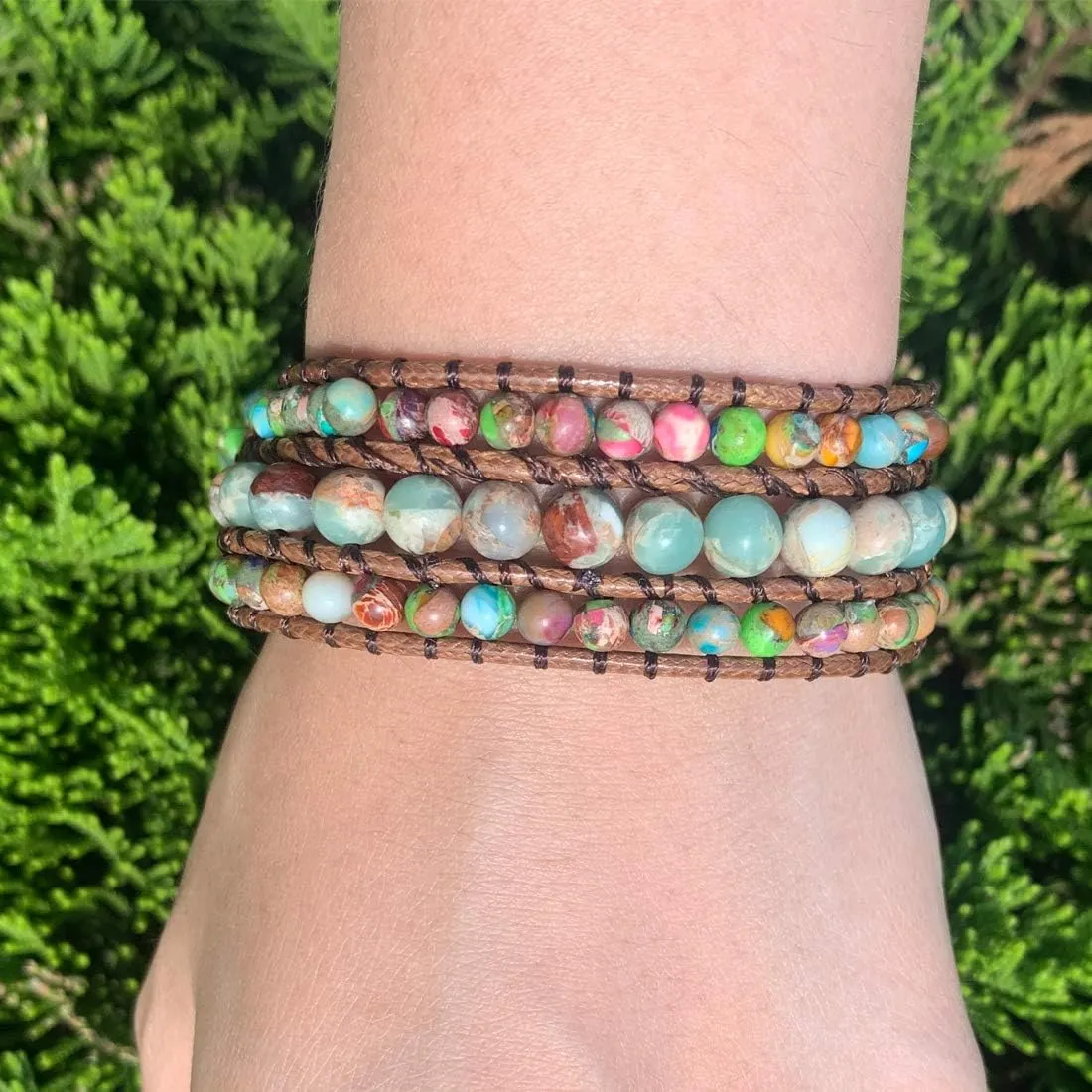 YGLINE Boho Handmade Natural Stone Bead 3 Row Wide Wrap Wrist Statment Bracelet Jewelry Collection