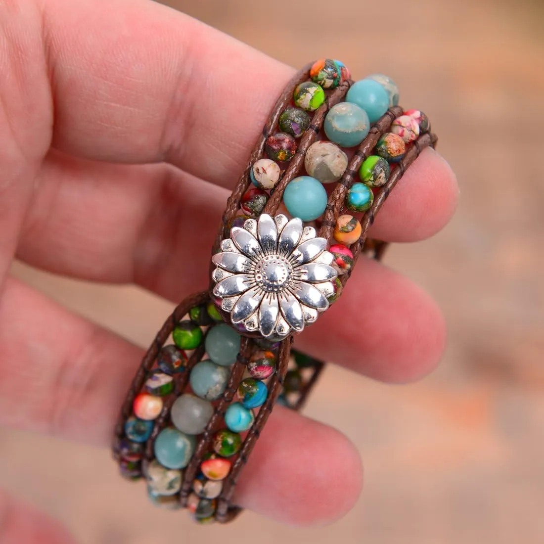 YGLINE Boho Handmade Natural Stone Bead 3 Row Wide Wrap Wrist Statment Bracelet Jewelry Collection